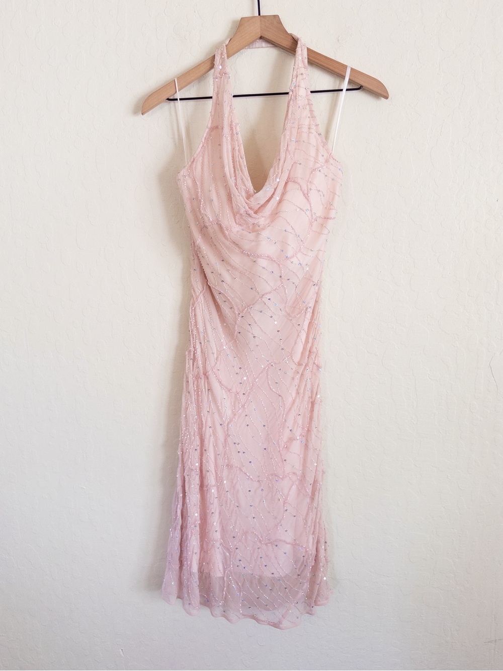 Vintage Y2K Cache 100% Silk Beaded Halter Neck Open Back Midi Dress 4 Party